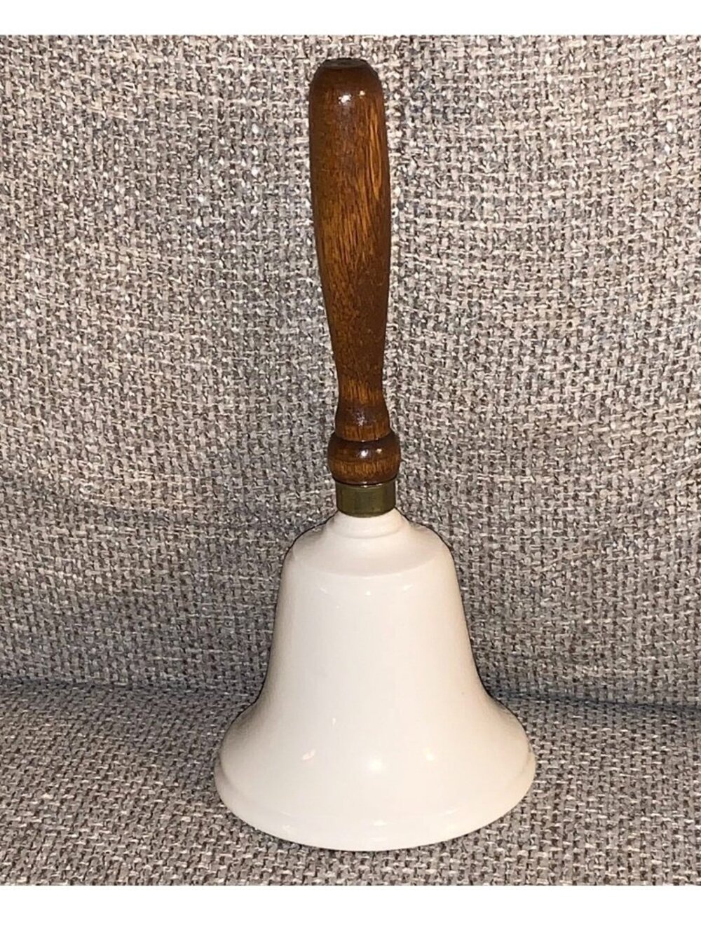 Vintage White Ceramic Hand Bell w/ Wooden Handle & Clapper (7.5" tall)